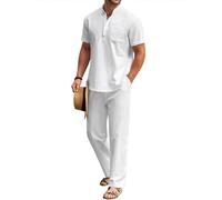 COOFANDY Herren 2 Stück Baumwolle Leinen Set Kurzarm Henley Shirts Casual Lose Hosen Sommer Strand Yoga Outfits, Weiss/opulenter Garten, Large