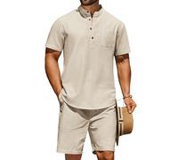 COOFANDY Herren 2-teiliges Baumwoll-Leinen-Sets, Sommer-Strand-Outfits, lässig, kurzärmelig, Henley-Shirts und Urlaubs-Shorts, Hellkhaki, X-Large
