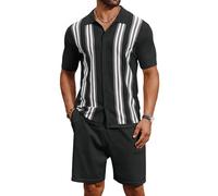 COOFANDY Herren 2-teiliges Outfit, gestrickt, Button-Down-Shirt, Vintage-Stil, kurzärmelig, Polo-Shirts, Sommer, lässig, Strand-Shorts-Sets, Schwarz, X-Large