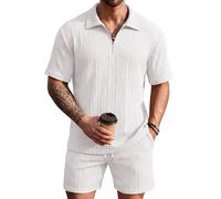 COOFANDY Herren 2-teiliges Set Sommer Strand Urlaub Outfits Viertelreißverschluss Poloshirt und Shorts Sets, Weiss/opulenter Garten, XX-Large
