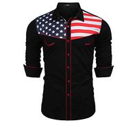COOFANDY Herren Casual American Flag Button-Down-Hemden Slim Fit Langarm-Shirt X-Large Schwarz