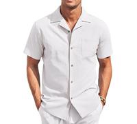 COOFANDY Herren Hemd Kurzarm Freizeit Leinenhemd Sommerhemd Strandhemd Regular Fit Baumwolle Kuba-Kragen Hawaii Hemden Weiß XL