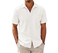 COOFANDY Herren Kurzarm Hemd Regular Fit Hemden mit Tasche Männer Freizeithemd Sommerhemd Casual Textured Shirt Arbeitshemd Weiß M