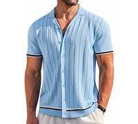 Coofandy Herren Kurzarm-Strickhemd, lässig, Button-Down-Shirt, Vintage, gestreift, gestrickt, Golf-/Strand-Tops, Hellblau, Mittel