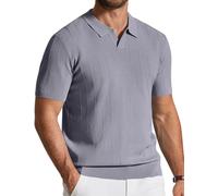 COOFANDY Herren Poloshirt Kurzarm Sommer Strick V-Ausschnitt Polohemd Geripptes Polo T-Shirts Freizeit Golfshirts Hellgrau XXL