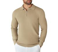 COOFANDY Herren Pullover Polo Kragen Männer Knitted Strickpullover Half Zip Sweater Reißverschluss Pulli Einfarbig Langarm Khaki XXL