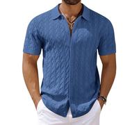 COOFANDY Herren Strick-Kurzarmhemden mit Knopfleiste, Vintage gestricktes Poloshirt, lässiges Strand-Häkel-Zopfmuster-Urlaubshemd, Denim Blau, L