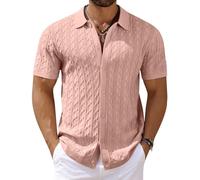 Coofandy Herren Strick-Kurzarmhemden mit Knopfleiste, Vintage gestricktes Poloshirt, lässiges Strand-Häkel-Zopfmuster Urlaubshemd, Lotuswurzel rosa, M