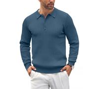 Coofandy Herren Strick-Polo-Shirt, lässig, langärmelig, Klassische Polo-Shirts, Button-Down-Golf-Shirts, Geripptes Denimblau, XL