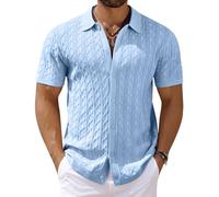 Coofandy Herren Strick-Poloshirt, kurzärmelig, Knopfleiste, Vintage, Strick-Poloshirt, lässig, Strand, Häkeln, Urlaub, Hemd, Hell, blau, L