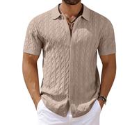 Coofandy Herren Strick-Poloshirt, kurzärmelig, Knopfleiste, Vintage, Strick-Poloshirt, lässig, Strand, Häkeln, Urlaub, Hemd, Khaki, L