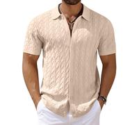 Coofandy Herren Strick-Poloshirt, kurzärmelig, Knopfleiste, Vintage, Strick-Poloshirt, lässig, Strand, Häkeln, Urlaub, Hemd, Heller Kaffee, L