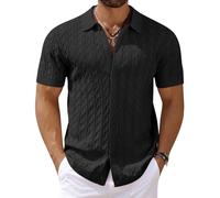 Coofandy Herren Strick-Poloshirt, kurzärmelig, Knopfleiste, Vintage, Strick-Poloshirt, lässig, Strand, Häkeln, Urlaub, Hemd, Schwarz, L