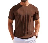 COOFANDY Herren T-Shirt Kurzarm Strick Shirt mit Rundhals Shirt Casual Shirts Gestreiftes Strickshirt Sommer Oberteile Braun XL