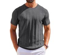 COOFANDY Herren T-Shirt Kurzarm Strick Shirt mit Rundhals Shirt Casual Shirts Gestreiftes Strickshirt Sommer Oberteile Dunkelgrau XL