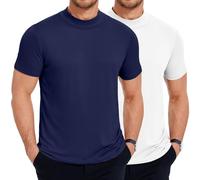 COOFANDY Herren T Shirt mit Stehkragen Shirt Kurzarm Rollkragenshirt Slim Fit T-Shirt Hoher Kragen Unterhemd Rundhals T-Shirt Sommer Basic Tops Weiß/Marineblau 3XL