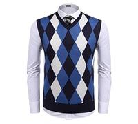 COOFANDY Herren Weste Pullunder Strickweste V-Ausschnitt Argyle MusterHerbst Winter Knitted Vest Men Marine M
