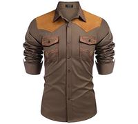 Coofandy Herren Western Cowboy Hemd Bestickt Langarm Slim Fit Casual Baumwolle Button Down Hippie Shirts mit Taschen, Khaki, XX-Large