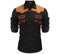 Coofandy Herren Western Cowboy Hemd Bestickt Langarm Slim Fit Casual Baumwolle Button Down Hippie Shirts mit Taschen, Schwarz, XL