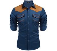 Coofandy Herren Western Cowboy Hemd Bestickt Langarm Slim Fit Casual Baumwolle Button Down Hippie Shirts mit Taschen, blau, XL