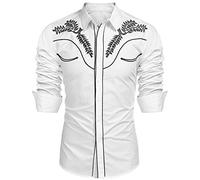 Coofandy Herren Westernhemden Langarm Slim Fit Embroideres Kuh Beiläufiges Hemd Mittel Weiß1