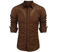 COOFANDY Herren Westernhemden Langarm Slim Fit Stickereien Cowboy Casual Button Down Shirt, 01-Kaffee (Muster 1), L