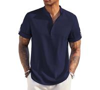 COOFANDY Men's Casual Henley Shirt Short Sleeve Band Collar Linen Shirt Summer Beach Hippie T-Shirts
