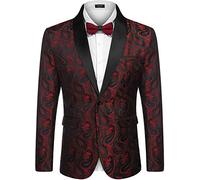COOFANDY Mens Floral Tuxedo Jacket Paisley Shawl Lapel Suit Blazer Jacket for Dinner,Prom,Wedding (X-Large, 01-Wine Red
