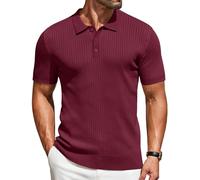 COOFANDY Poloshirt Herren Kurzarm Strick Polo Männer T-Shirt mit Knopfleiste Gestricktes Golf Polohemd Slim Fit Weinrot XXL