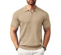 COOFANDY Poloshirt Herren Kurzarm Strick Sommer Slim Fit Muskel Freizeit Sport Männer Polo Hemd mit Reißverschluss Khaki XL
