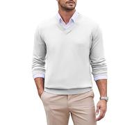 COOFANDY Pullover Herren V Ausschnitt Strickpullover Langarm Pulli Sweater Regular Fit Feinstrickpullover Warmer Winterpullover Strickpulli Weiss S