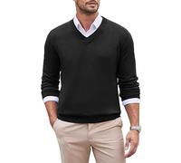 COOFANDY Pullover Herren V Ausschnitt Strickpullover Langarm Regular Fit Feinstrick Pullover Männer Casual Business Pulli Winterpullover Sweater Einfarbig Schwarz M