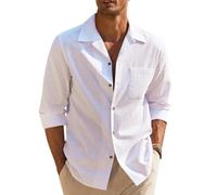 COOFANDY Sommerhemd Herren Baumwolle Leinenhemd Langarm Freizeithemd Button Down Strand Hemd Mit Tasche Weiß XL