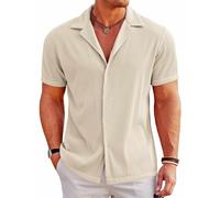 COOFANDY Sommerhemd Herren Hemd Kurzarm Freizeithemd Kurzarmhemd Strandhemd Freizeithemd Herrenhemden Kurzarm Urlaubshemd Kuba-Kragen Cremefarben XL