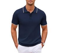 COOFANDY Strick Polo Herren Kurzarm Hemd Sommer Gestricktes T-Shirts Männer Regular Fit Shirts Sport Hemden Golf Navy Blue(weiß gestreift) L