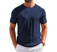COOFANDY T-Shirt Herren Kurzarm Strick Shirt mit Rundhals Shirt Casual T Shirts Gestreiftes Strickshirt Sommer Oberteile Marineblau XL