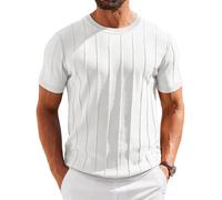 COOFANDY T-Shirt Herren Kurzarm Strick T Shirt mit Rundhals Shirt Casual Gestreiftes Strickshirt Sommer Oberteile Weiß XL