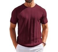 COOFANDY Tshirt Herren Gestreiftes Strick T Shirt mit Rundhals Shirt Sommer Shirts Kurzarm Strickshirt Casual Oberteile Weinrot XL