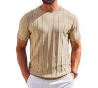 COOFANDY Tshirt Herren Gestreiftes Strick T Shirt mit Rundhals Shirt Sommer Shirts Kurzarm Strickshirt Casual Oberteile Khaki XL