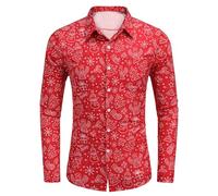 COOFANDY Weihnachtshemd Hemden Herren Langarm Gedruckte Weihnachten Hemden Christmas Freizeithemd Festival Hemd Männer Dunkelrot XXL