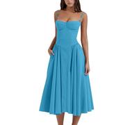 cookx Sleeveless Corset Fit Midi Dress Spaghetti Strap Bustier Midi Dress Trendy A Line Dress with Pocket (L,Blue)