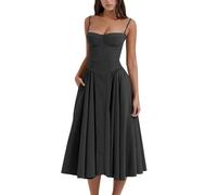 cookx Sleeveless Corset Fit Midi Dress Spaghetti Strap Bustier Midi Dress Trendy A Line Dress with Pocket (L,Black)