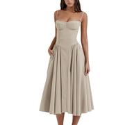 cookx Sleeveless Corset Fit Midi Dress Spaghetti Strap Bustier Midi Dress Trendy A Line Dress with Pocket (XL,Coffee)