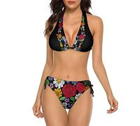 Cool Duck Sonnenbrille Damen Bikini-Sets Cartoon Zweiteilige Neckholder String Triangel Badeanzug Bademode Badeanzug, Vintage-Totenkopf-Blume, XXL