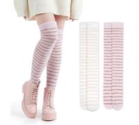 CoolChange 2 Paar Ringelstrümpfe | kuschelige Kniestrümpfe | Overknee Plüsch Socken | Rosa