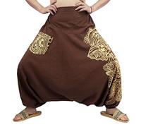 CoolChange Weite Aladinhose | Haremshose mit Tasche | Pluderhose mit indischem Muster | Pumphose mit breitem Bund | Unisex | Braun | Baumwolle | Größe: L/XL