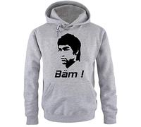 Coole Fun T-Shirts BÄM in Your FACE Bruce Lee Kapuzensweater, hellgrau/schwarz, Grösse: L