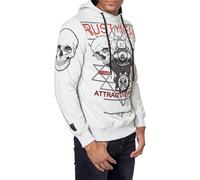 Kapuzensweatshirt RUSTY NEAL "Rusty Neal Sweater", Herren, Gr. M, grau, 70% Baumwolle, 30% Polyester, bedruckt, mehrfarbig, normal, ohne Ausschnitt, Sweatshirts, mit rockigem Print (18952113-M) grau