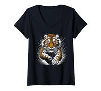 Cooler Tiger im Sprung mit kunstvollen Farbspritzern T-Shirt mit V-Ausschnitt