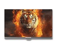 Cooler Tiger in Flamme Visitenkartenhalter, schlank, tragbar, Metall, Visitenkartenetui, Visitenkarten-Organizer, Kreditkartenetui, Multi-Kartenetui für Männer und Frauen, Reisen, Büro, silber,